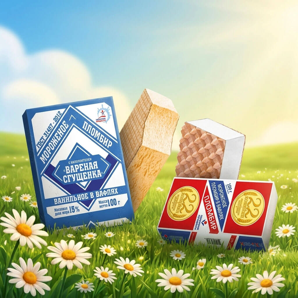 аппетитная продуктовая съёмка мороженого брикет на вафлях на ярко-синем фоне, продукт крупно и по центру, мягкие тени, солнечный свет, видна текстура вафли и мороженого